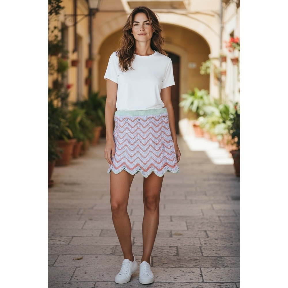 Freshman 1996 Crochet Mini Skirt, Striped Chevron Pattern, Cotton Blend, Small